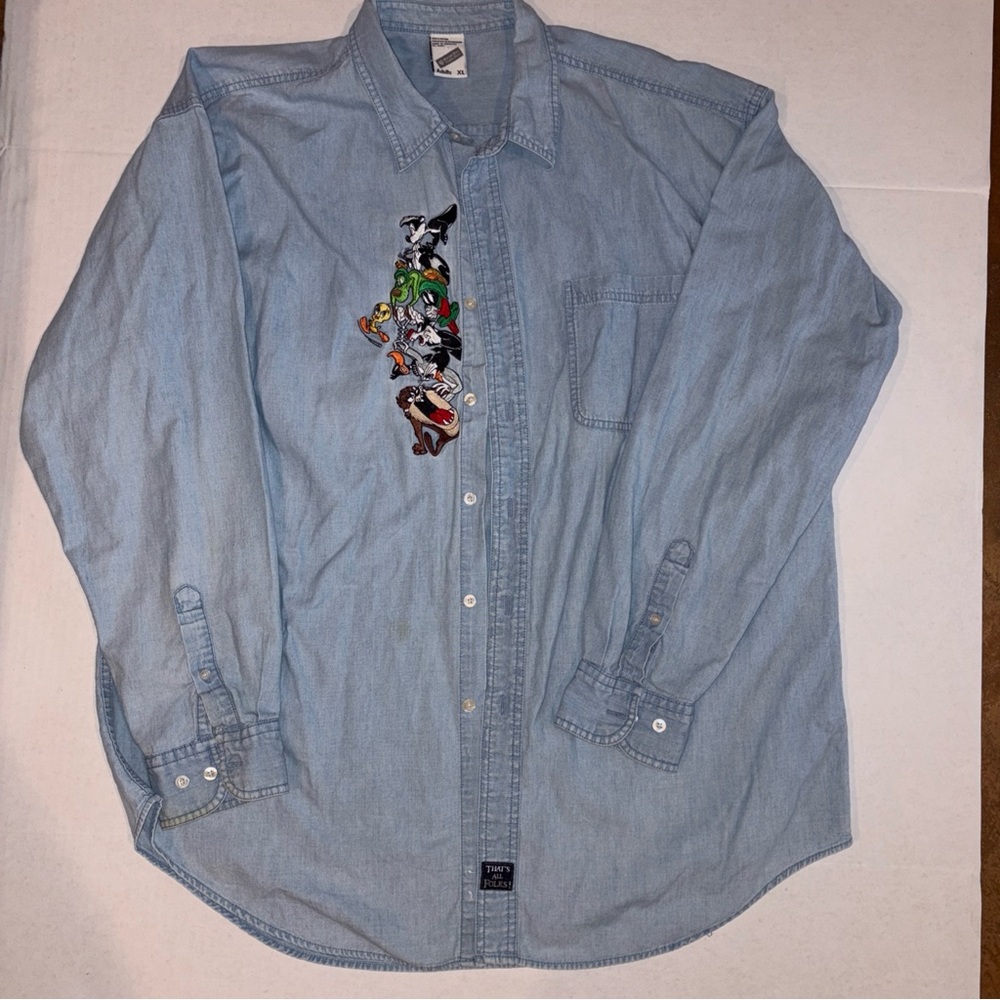 Warner Brothers Denim Button-Up Shirt with Cartoon Embroidery